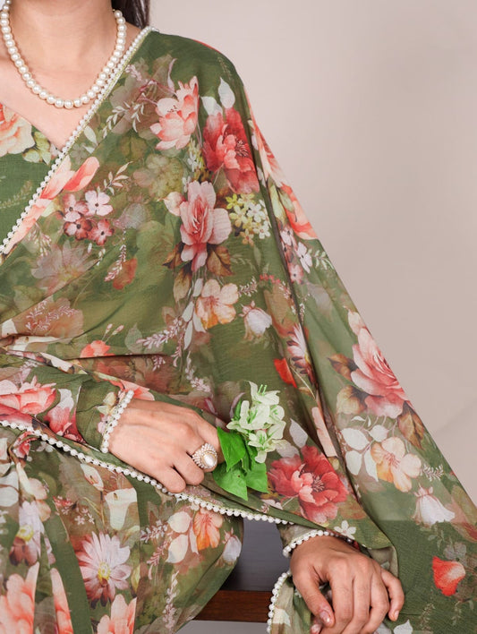 FLORAL PRINT WITH PEARL LACE BORDER SAREE