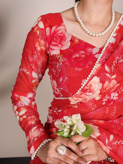 FLORAL PRINT WITH PEARL LACE BORDER SAREE