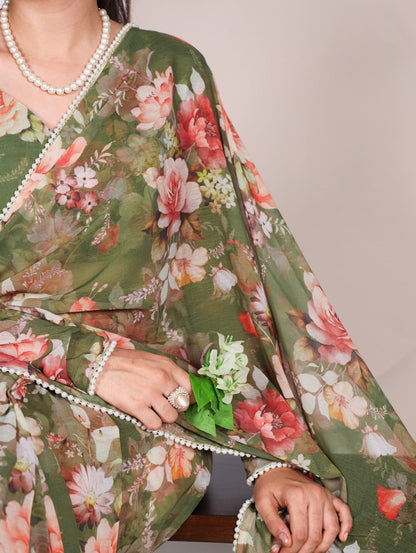 FLORAL PRINT WITH PEARL LACE BORDER SAREE