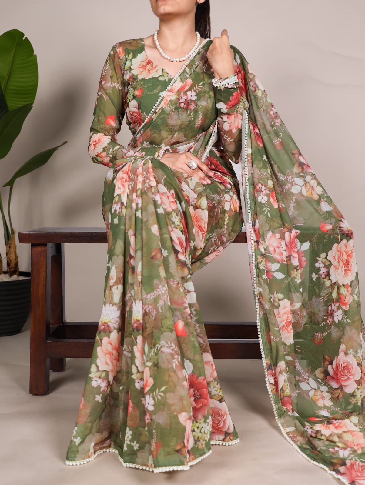 FLORAL PRINT WITH PEARL LACE BORDER SAREE