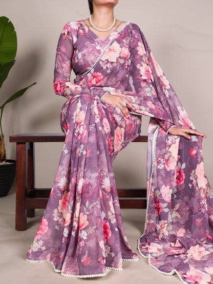 FLORAL PRINT WITH PEARL LACE BORDER SAREE