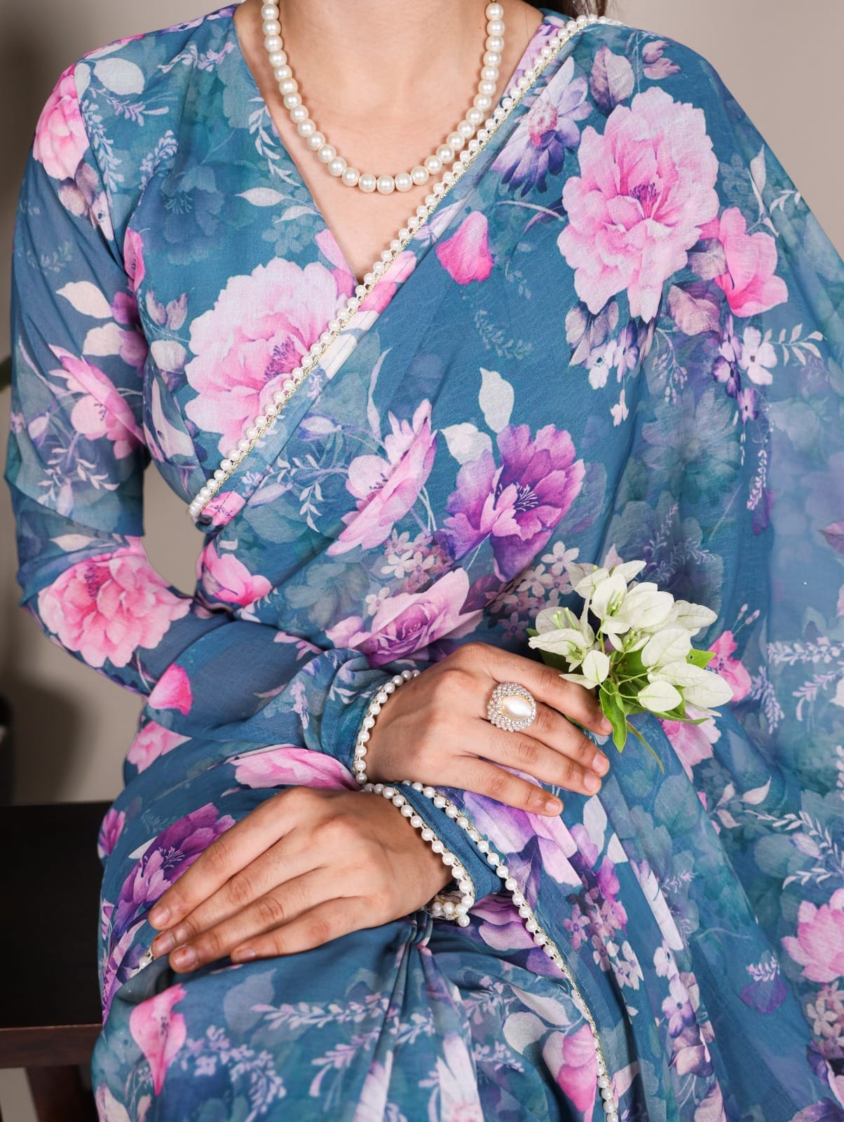 FLORAL PRINT WITH PEARL LACE BORDER SAREE