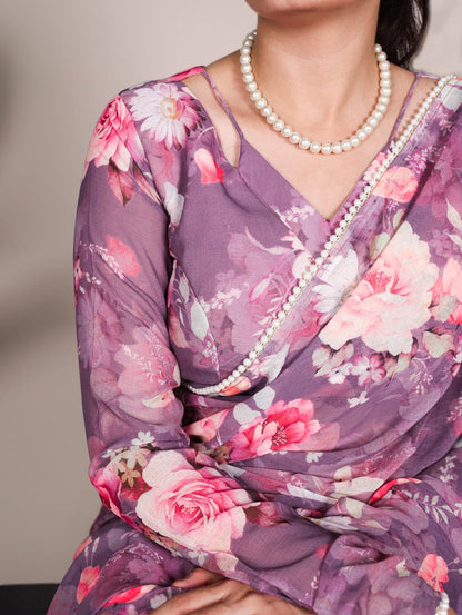 FLORAL PRINT WITH PEARL LACE BORDER SAREE