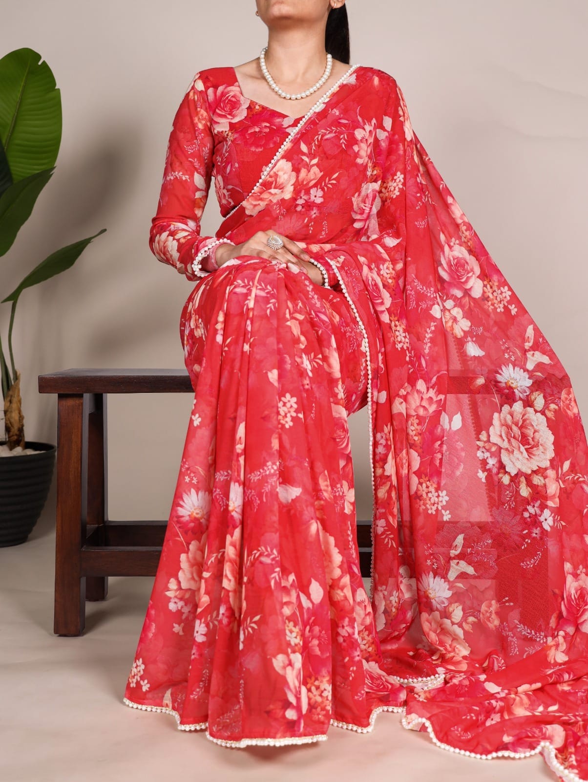 FLORAL PRINT WITH PEARL LACE BORDER SAREE